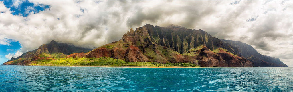 "Napali East to West" The magical scenery of the north shore of Kauai, photographed by Steve Munch. Available for printing and licensing. This breathtaking image is perfect for display on a large wall. 