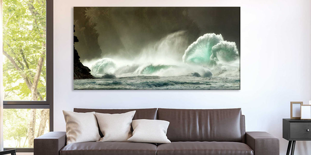 Wave photograph Wall Art above the sofa.