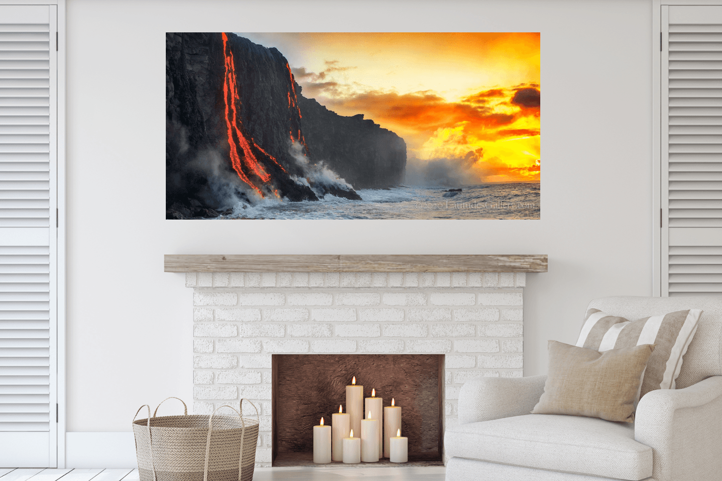 Fine art nature photography of lava cascading down the side of the cliff on the Big Island of Hawaii, while the sunset mimics with its own fiery beauty.