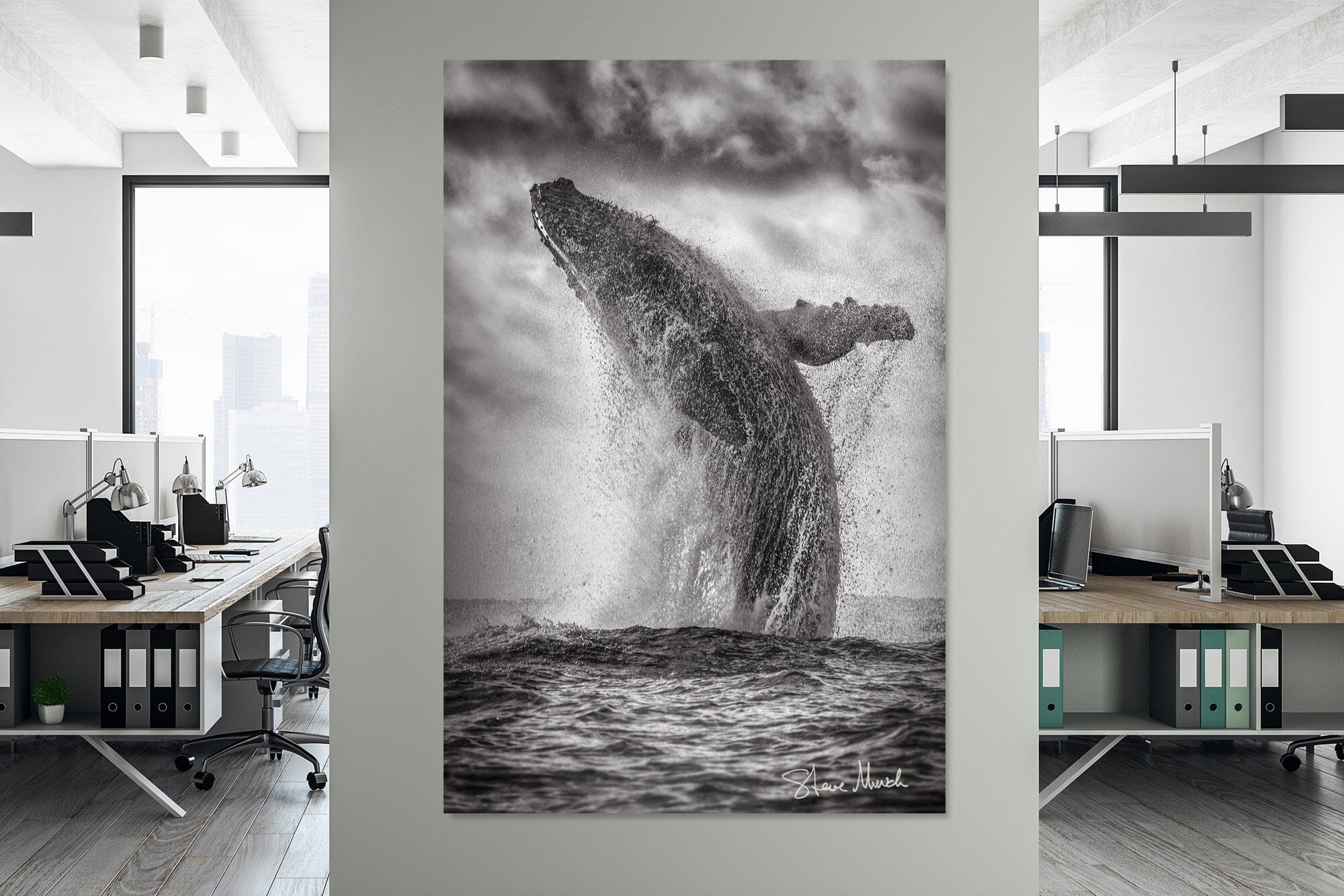 Nature photography wall art of a massive humpback whale exploding from the waters.