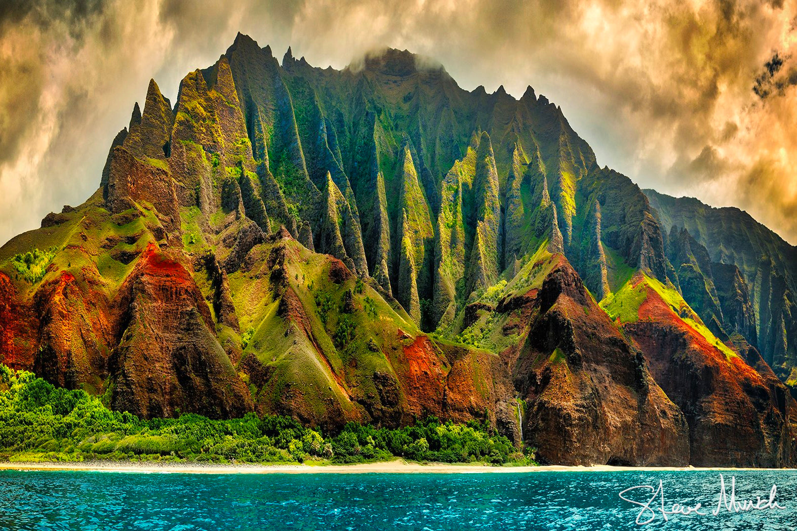 Fine art nature photography of gorgeous sharp green cliffs off of the Na Pali Coast, Hawaii.